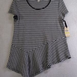 Striped Asymmetrical Hem Tee Black And White, Stretchy Material